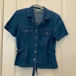 Mosaic, blue Jean top with pearl buttons, size 14